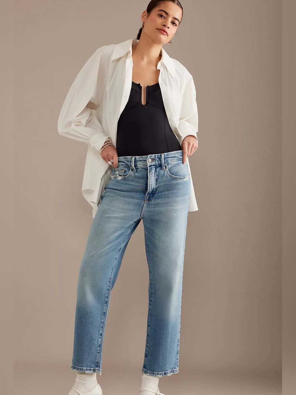 Good American Good Boy Crop Straight Leg Chewed Hem Distressed High Rise Jeans